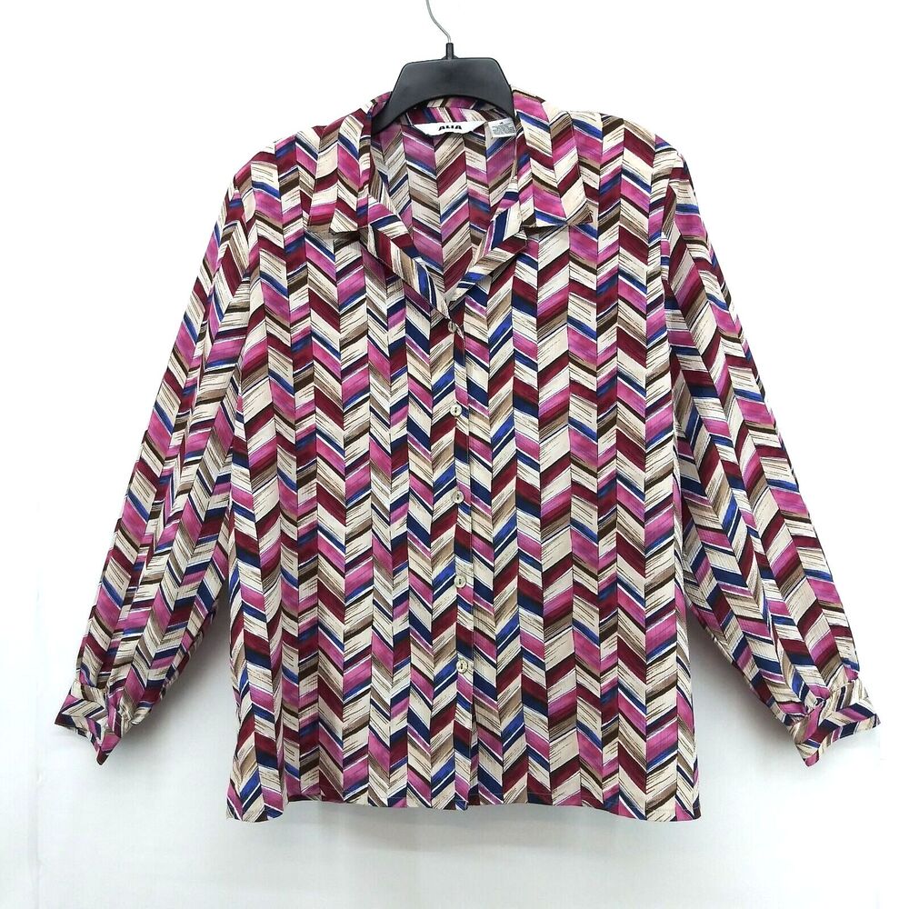 ALIA Shirt Womens Size 16 Purple Cream Chevron Zig Zag Button Up Blouse Top
